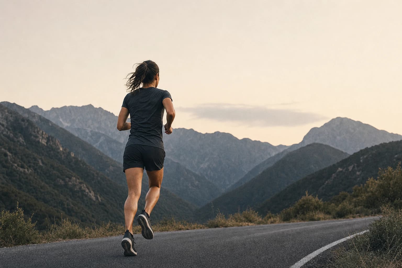 A female marathon runner moving along a quiet mountain road at dawn